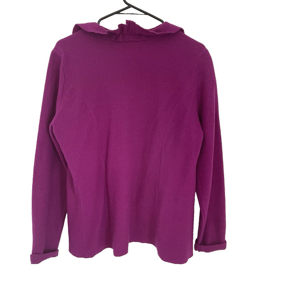 Merino Wool Ruffle Front Cardigan Purple Open Front Sweater Long Sleeve Feminine - Picture 2 of 7